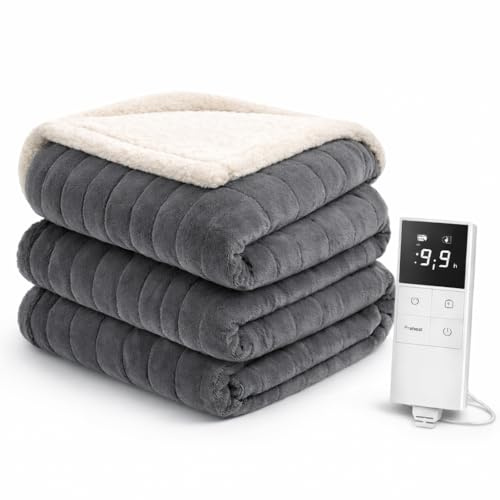LEVSON Electric Blanket 160 x 120cm, Heated Throw with 9 Heat Settings, Memory Function, 1-9H Timer, 80W Fast Heating, Auto Temp Control, Auto Shut Off, Overheat Protection (Grey, 160 * 120cm)