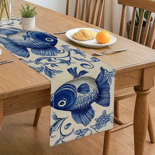 Tischläufer mit blauem Fisch, florales maritimes Design, als Dekoration für Zuhause, perfekt für Sommerfeiern und Strandpartys, 33 x 183 cm