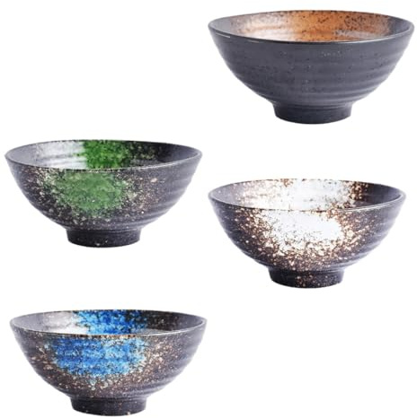 SHINEOFI 4 Cuencos de Cerámica Japonesa para Ramen y Sopa, Aptos para Microondas y Lavavajillas, Colores Surtidos, Tamaño Estándar, Cuencos Versátiles para Arroz y Snacks en Hogar