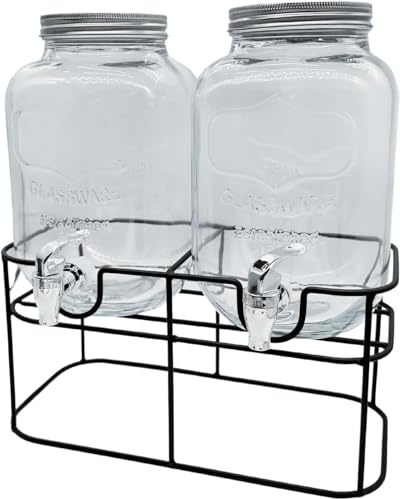 Kingtoss 2 x 4L Glass Water Dispenser Set with Sturdy Metal Wire Stand and Leak-Resistant Taps – Elegant Beverage Server for Cocktails, Juices, Lemonade, Iced Tea, and Party Refreshments