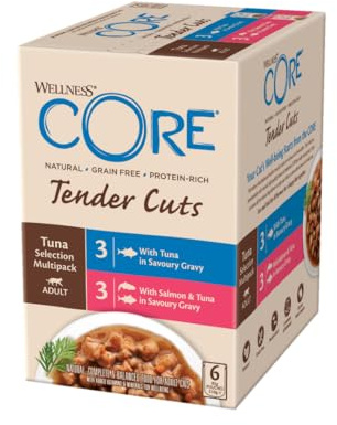 Wellness CORE Tender Cuts 6 x 85g, Multipack Saumon/Thon/Crevettes – Tendre Morceaux pour Chats Adultes, sans Céréales, Naturelles, Hypoallergénique, Riche en protéines, À Haute Teneur en Poisson,
