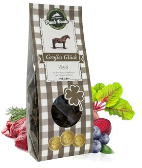 Pauls Beute Großes Glück Pferd | 500g | Getreidefreie Hundeleckerli | 85% Pferdefleisch mit Roter Beete, Heidelbeere & Oregano | Hypoallergene Hunde Snacks | Luftgetrocknet | Ohne Zusatzstoffe