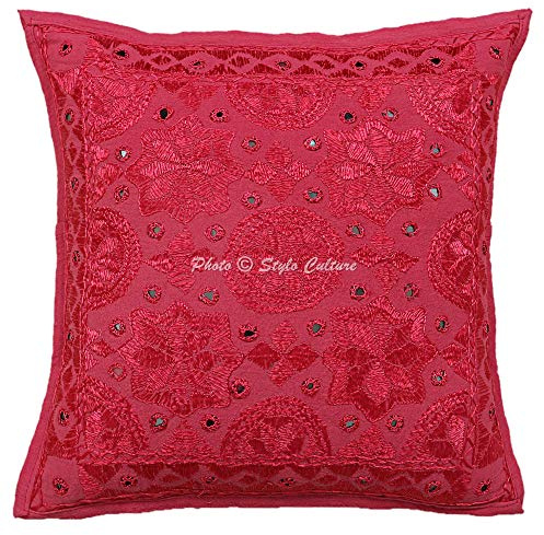 Stylo Culture Décoratif Indienne Housse De Coussin Chambre 40x40 cm Coton Rose Brodé en Miroir Carré Fermeture Enveloppe 16x16 inch Bohème Ethnique Taies d'oreiller Canapé - 1 Pièce