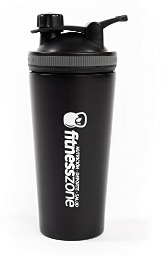 FitnessZone Shaker Proteinas Acero Inoxidable - Mezclador de Proteinas con Filtro Antigrumos, Tapon Hermetico, Libre BPA, Evita Olores, Facil Limpieza y Desmontable - Vaso Mezclador - Shaker Metal