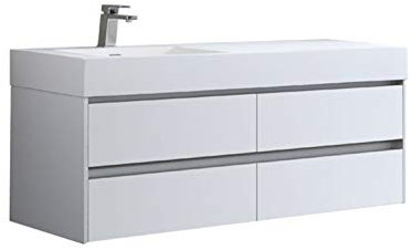 StoneArt Badmöbel Set mit Mineralguss Waschbecken und Unterschrank Waschtisch als Einzel- oder Doppelwaschbecken mit Unterschrank ohne Armaturen Mailand ML-1400 weiß matt 140cm links