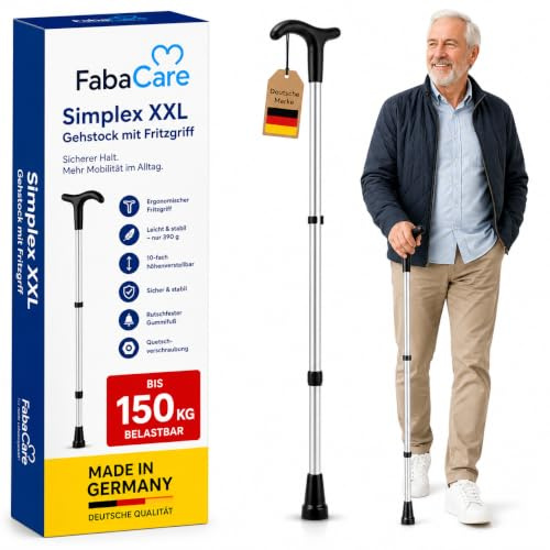 FabaCare Gehstock Simplex XXL, Gehstütze mit Fritzgriff, höhenverstellbar, extra leicht, bis 150 kg, Silber Eloxiert