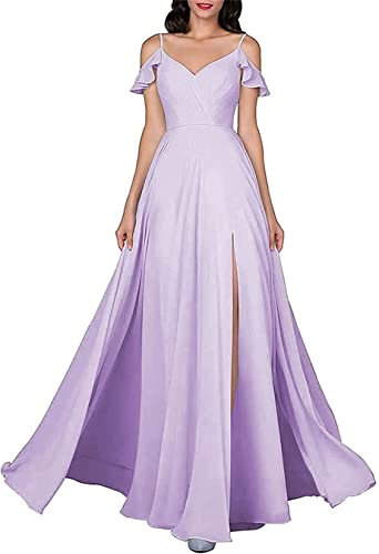 HPPEE Vestido de dama de honor de espaguetis en forma de flor de gasa sin tirantes con cuello en V y abertura formal para la boda, Lila, 46