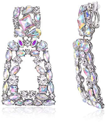 EVER FAITH Clip Boucle d'Oreille Femme Boucles d'Oreilles Pendantes Grand Rectangle Goutte Géométrique Gemme Strass Fantaisie Non Piercing Irisé Ton d'argent