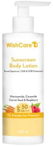 WishCare Sunscreen Body Lotion with SPF 50 PA+++ - Broad Spectrum UVA & UVB Protection, No White Cast, Enriched with Carrot Seed & Raspberry - Body Sunscreen Lotion 200ml