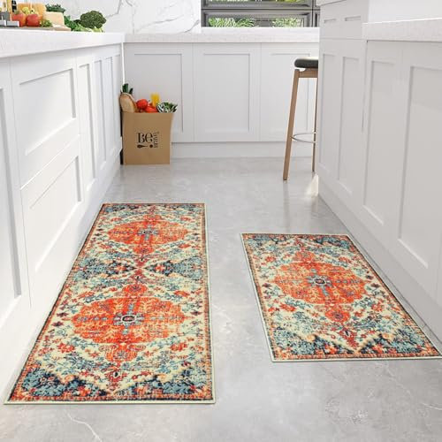 Cekene Oriental Kitchen Carpet Runners Non Slip Washable Kitchen Rug Runners Absorbent Boho Low Pile Floor Mat for Bedroom Entrance Laundry Room(50x80cm+50x120cm)