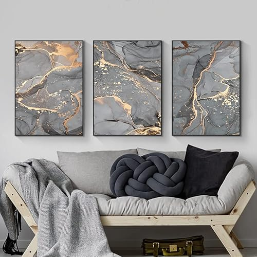 LYBOHO Wall Pictures Living Room Grey Golden Fluid Art Marble Texture Abstract Wall Art Canvas Pictures - Without Frame (Marbled 3, 3PCS-30x40cm)