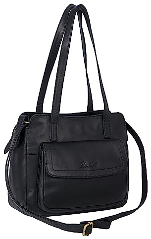Benthill Handtaschen Damen Leder | Henkeltasche mit Umhängegurt | Vintage Echt Leder Damentasche | Umhängetasche, Farbe:Schwarz
