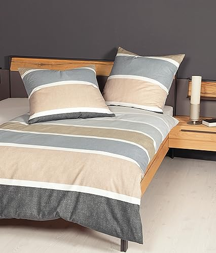 Janine Bettwäsche 135x200cm + 80x80cm Davos - weicher Bettbezug aus Feinbiber - mit Reißverschluss - 100% Baumwolle - Öko-Tex - opalgrau leinen