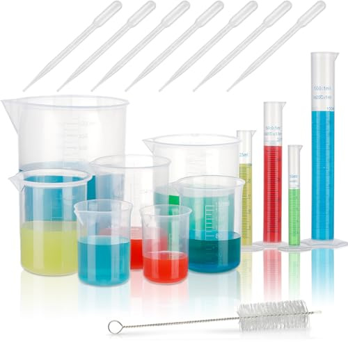 FRIUSATE 19 Pcs Plastic Graduated Cylinders and Measuring Beakers Set | Includes Beakers, Cylinders, Droppers and Brush, Ideal for Science Lab, Baking, Cooking and Liquid Measuring