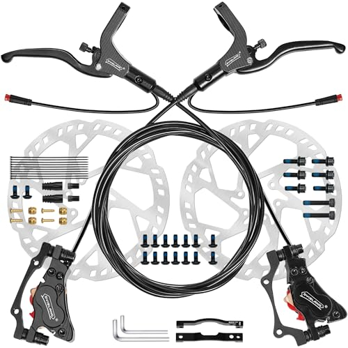 DYISLAND E-Bike Hydraulic Disc Brake Set 4-Pistons/2-Pistons, 2-PIN/3-PIN Pre-Bled with Mineral Oil Brakes Kit，Front and Rear Set，with 180mm 2.3mm Thick Rotors (Black/2-PIN/4-Pistons)