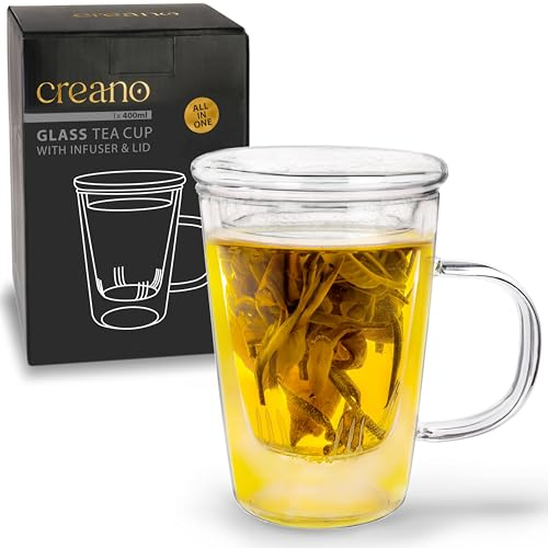 Creano Bicchiere da Tè Tutto in Uno da 400 ml, Grande Tazza per Tè Sfuso con Filtro in Vetro e Coperchio in Vetro, Teiera in Attraente Confezione Regalo Trasparente 1 Pezzo (Confezione da 1)