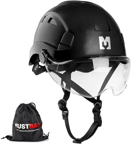 Mustbau Elmetto rigido di sicurezza da arrampicata con visiera trasparente e sottogola 53-63 cm, ideale per costruttori e lavori in altezza, EN12492 (Nero)