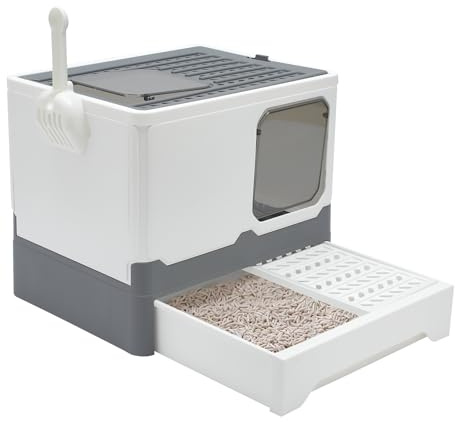 Fellie Cat Litter Box with Hooded Lid, Large Drawer Pan & Scoop, Anti-Splashing, Easy Clean Odor Control, Grey