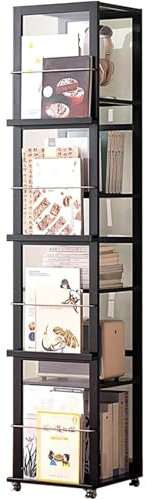 BESTXH Drehbarer Bücherregalturm, Bambus Drehbares Bücherregal mit Universalrad, Bücher- und Zeitschriftenregal Bodenstehend, Bücherregal für Schlafzimmer Wohnzimmer,Schwarz,5 Tier
