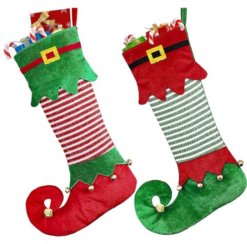 HBWHNIU 2 Stück Elfen-Weihnachtsstrümpfe, Rot Grün Gestreift Nikolausstrumpf, Weihnachtssocken zum Befüllen, Süßigkeiten-Geschenktüte Socken, Weihnachtsbaum Dekoration, für Wand, Kamin, Treppe
