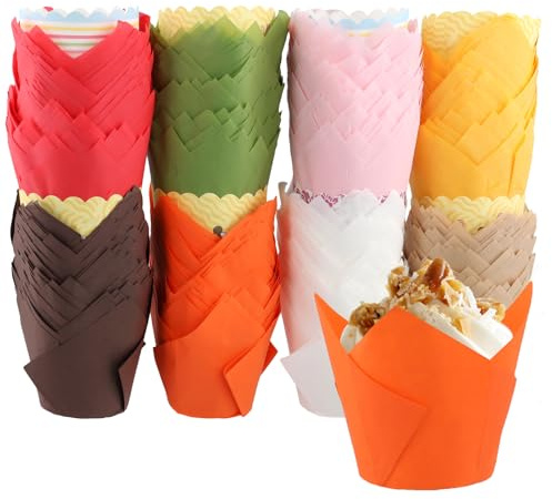 MUKSEUT 400 moldes para magdalenas de tulipán, 8 x 5 cm, coloridos moldes para cupcakes, mini vasos de papel para tartas para bodas, fiestas de cumpleaños