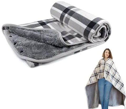 JANTEELGO Fleece Shawl Blanket Ponchos for Women Oversized Plaid Soft Lap Blanket Plush Sleeveless Wrap Throw Cape with Buttons for Bed Desk Office