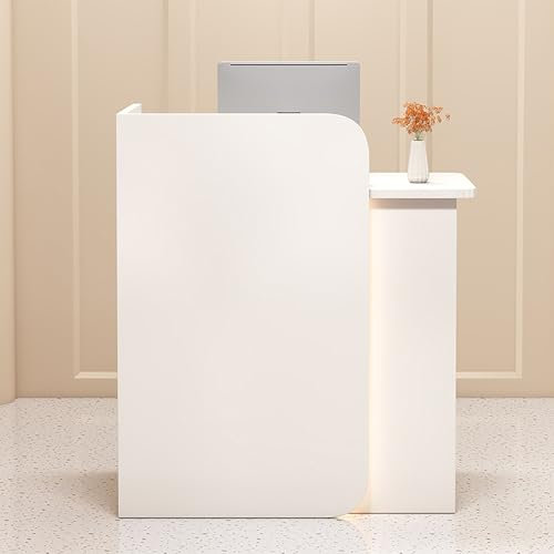 Moderner kleiner Empfangstisch mit abschließbarer Schublade und LED-Lichtern, Einzelhandels-Fronttheke für Kasse, Empfangstisch aus Holz für Convenience Store oder Bekleidungsgeschäft (Weiß/Holz)