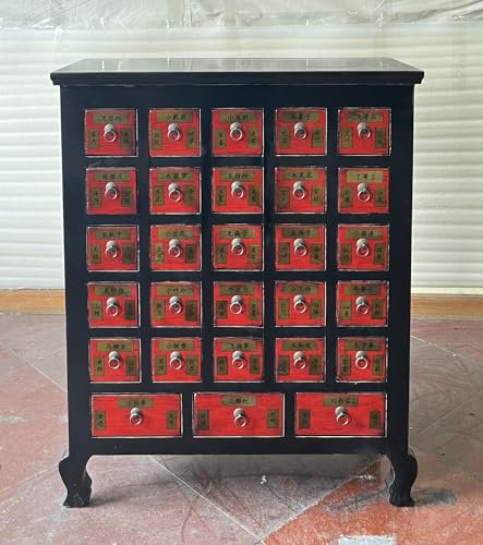 Kunibert Antike Apothekerschrank Apothekerkommode Büroschrank Apotheke Schrank Sideboard Kommode Kommodenschrank Sideboardschrank mit 28 Schubladen Breite92xHöhe114cm Farbe: schwarz mit rot