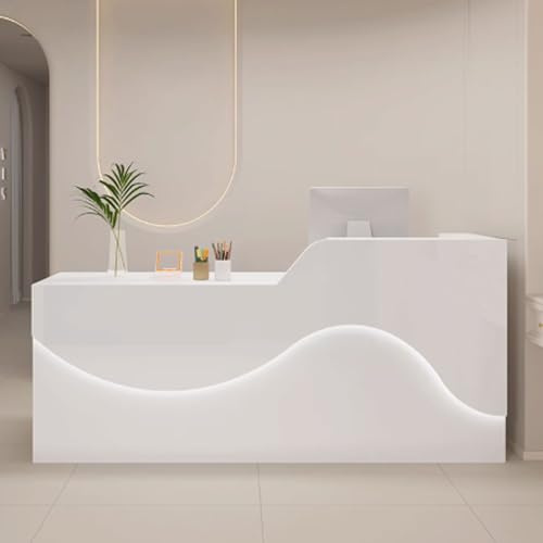GUQASDV Empfangstheke Rezeption, Empfangstresen für Praxis, Reception Desk Modern, Bürotheke Reception Tisch Holzwerkstoff mit Sanfter und Entspannender Beleuchtung(Wit,140cm)