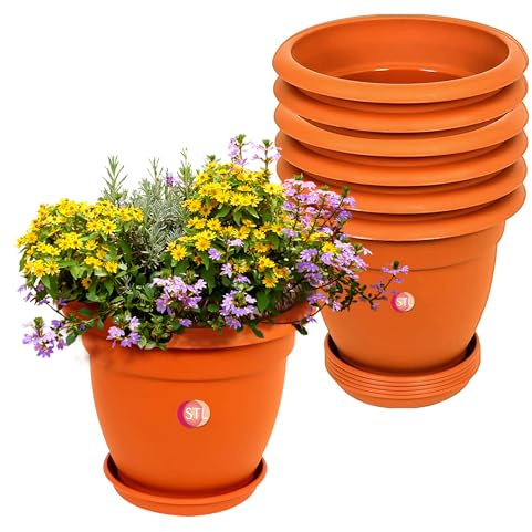 STL Terracotta Plant Pots - 6Pcs Clay Pots for Plants with Saucer & Drainage Holes, Heavy Duty Plastic Plant Pots for Plants, Flowers, Wedding Favor, Indoor/Outdoor Use