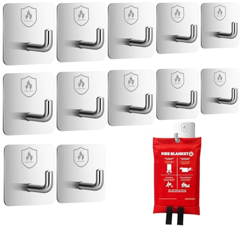 Briwooody 12 Pack Adhesive Wall Hooks for Fire Blankets, Stainless Steel Emergency Fire Blanket Hook Waterproof and Fireproof for Home Bathroom Office Indoor Outdoor Wall Hanging