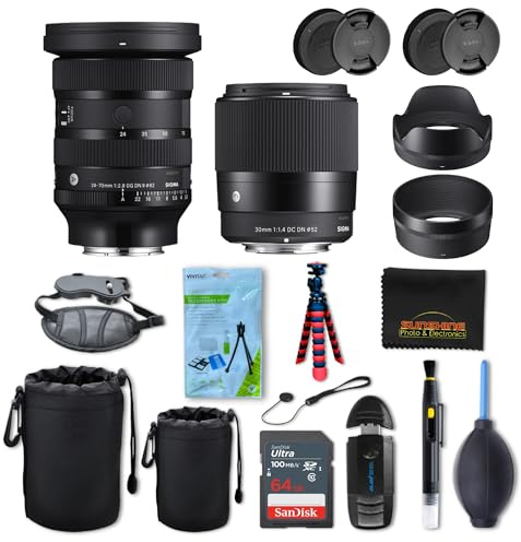 Sigma Objectif 30 mm f1.4 DC DN contemporain + objectif Sigma 24-70 mm f2.8 DG DN II pour Sony E avec accessoires photo Sunshine