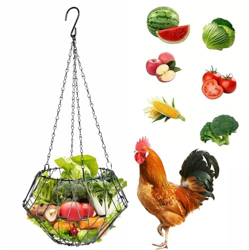 Hähnchen Gemüse Hängende Futterautomat, Faltbar Eisen Huhn Obst Feeder 16,5 Zoll Großer Hühner Spielzeug Zubehör mit Ketten zum Aufhängen für Enten Gänse Vögel (Schwarz)