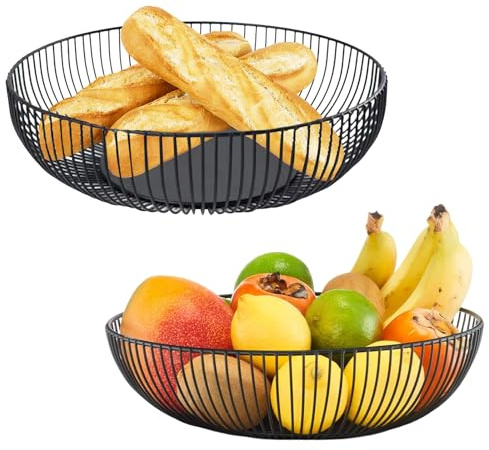 CHENGCKJ 2 Stück Obstschale Metall 27.5x9 cm Obstkorb Schwarz Matt Obstschale Design Durchbrochener Dekorativer Obstkorb Aufbewahrung Drahtkorb Modern Geschenkkorb für Gemüse Obst Brot