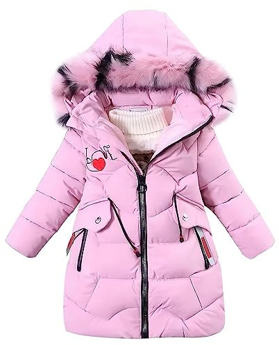 linboo Chaqueta de invierno para niña, abrigo de invierno para niños, chaqueta gruesa acolchada larga y cálida, chaqueta de algodón, abrigo para exteriores con capucha de piel y estampado bordado de