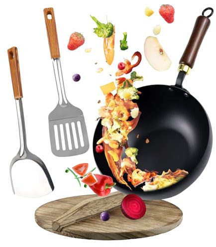 Fosoloni Eisenpfanne Mit Holzdeckel Set, Japanische Handgeschmiedete Antihaftbeschichtete Eisenpfanne, Edelstahlpfanne Unbeschichtete Für Natürliches Kochen, Gasherd Und Induktionsherd