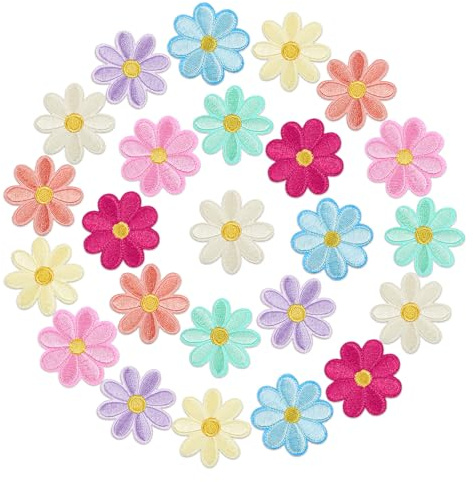 JJUNW 48 Stück Patches zum Aufbügeln, Stoffblumen zum Aufnähen, Florale Aufnäher zum Aufbügeln Florale Stickerei Applikation für Hut Jeans Jacken Rucksäcke DIY-Zubehör Gänseblümchen Blume