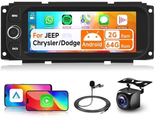 2G&64G 7 Radio de Coche para Jeep Grand Cherokee Wrangler Liberty Chrysler Grand Voyager 300M PT Cruiser 1500 2500 con Carplay Android Auto,Bluetooth Radio RDS/FM,navi WiFi,cámara de visión AHD