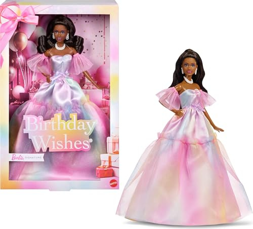 Barbie Signature Birthday Wishes Puppe | Modepuppe mit schwarzen Haaren, Regenbogenkleid, Sammlerpuppe, ab 3 Jahren, JJX80