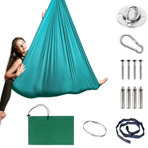 PTSUPLES Aerial Yoga Hängmatte Set, Yoga-Hängstuhl-Schaukel (Grün), 1,5 × 1,4 m, Tragfähigkeit 200 kg, inkl. Karabiner, Befestigung, Nägel & Zubehör, ideal für Übungen