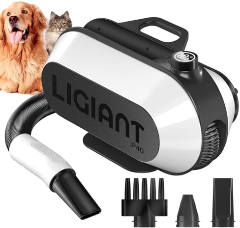 LIGIANT P40 Asciugacapelli per Cani Blower, Ultra Silenzioso (40 Db modalità Gatto), 3 Bocchette in 1, velocità & Temperatura Regolabili, Tecnologia a Ioni Negativi, Compatto e per Cani e Gatti