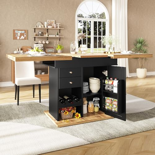 Oslghy Ausziehbarer Esstisch Holz, Küchentisch Ausziehbarer mit Stauraum Schubladen, 110-140×80×75cm Rechteckig Teleskoptisch Tisch mit Snackregal & Weinregal, Modern Küchen Esszimmertisch (Schwarz)