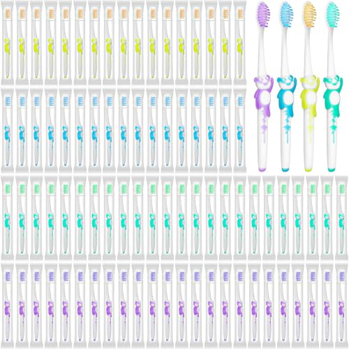 100 Pcs Kids Toothbrushes Bulk, Soft Bristle, Individually Wrapped | 4 Colours, Animal Handles with Dust Covers, Manual Childrens Toothbrushes for Travel, Hotels, Camping and Group Use