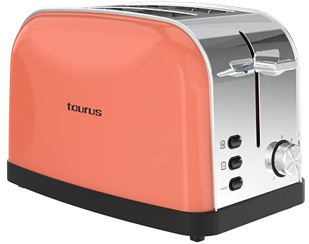 Taurus – Tostador Retro Design II Coral, 950W, 2 Ranuras 135 x 35 mm, 7 Niveles, 3 Funciones, Cuerpo Inox, Autocentrado, Recogemigas, Elevación Extra, Recoge cables, Coral