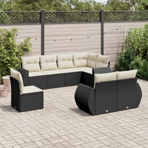 QJBSAVVA 8-Teiliges Garten-Sofagarnitur Schwarz Poly Rattan mit Cremeweißen Kissen modulares Lounge-Set Ecksofa Mittelsofa Sofa mit Armlehnen Robust UV-beständig für Terrasse Balkon und kleine