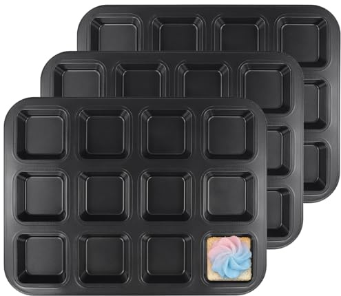 KOHAND 3 Pack Mini Loaf Pan 12 Cavity, Non-Stick Square Muffin Baking Pan Carbon Steel, Mini Loaf Tins for Cookie Chocolate Cheesecake Brownie, 35.5x26.5x3cm, Grey
