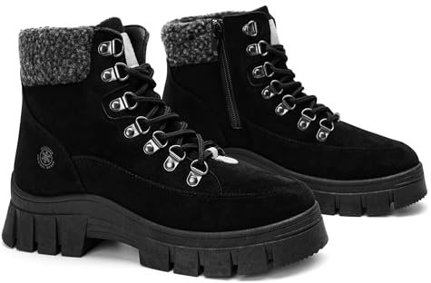 GLAMORA Botas de Invierno para Mujer con forro, Botines de Ante Sintético con Pelo, Plataforma, Suela de Goma Antideslizante, Cremallera Lateral y Cordones, Estilo Montaña trekking urbano G25700-bk-38