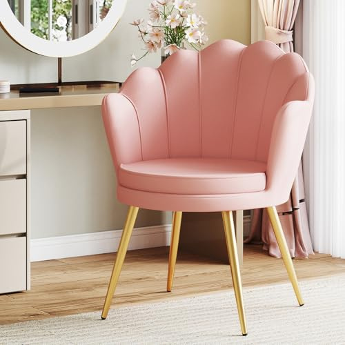 Ckaff Esszimmerstühle aus Samt, Schminktisch Stuhl, Muschelsessel mit Blütenblatt-Rückenlehne, Polstersessel Stuhl Schminktisch mit Gold Metallbeinen für Schlafzimmer Esszimmer Wohnzimmer, Rosa