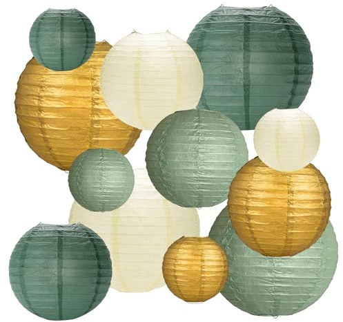 12 Lanternes Papier Vert Sauge, Lanternes Rondes Rétro pour Deco Mariage | Vert/Or/Blanc Crème, pour Décoration Ramadan, Fête Jardin, Anniversaire, Décoration de Mariée Campagne et Abat-Jour