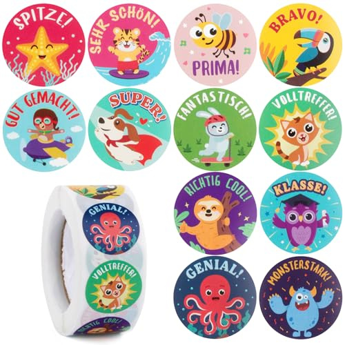 500 Stück Belohnungssticker Deutsch für Lehrer Kinder, 12 Motive Motivationsaufkleber, Aufkleber Lob für Grundschule, Lobsticker für Schule, Belohnung Sticker Lehrerbedarf